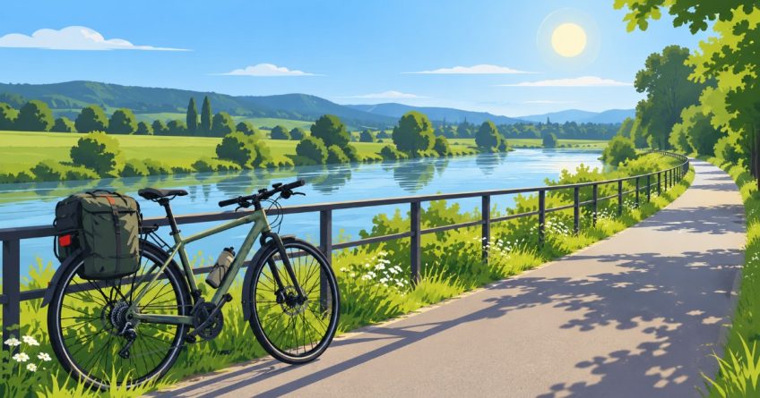 Kolo s brašnou opřené o zábradlí cyklostezky podél řeky za slunného odpoledne