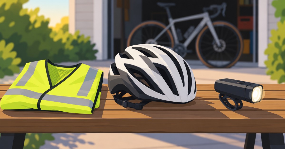 Cyklistická helma, přední světlo a reflexní vesta na dřevěné lavici před garáží