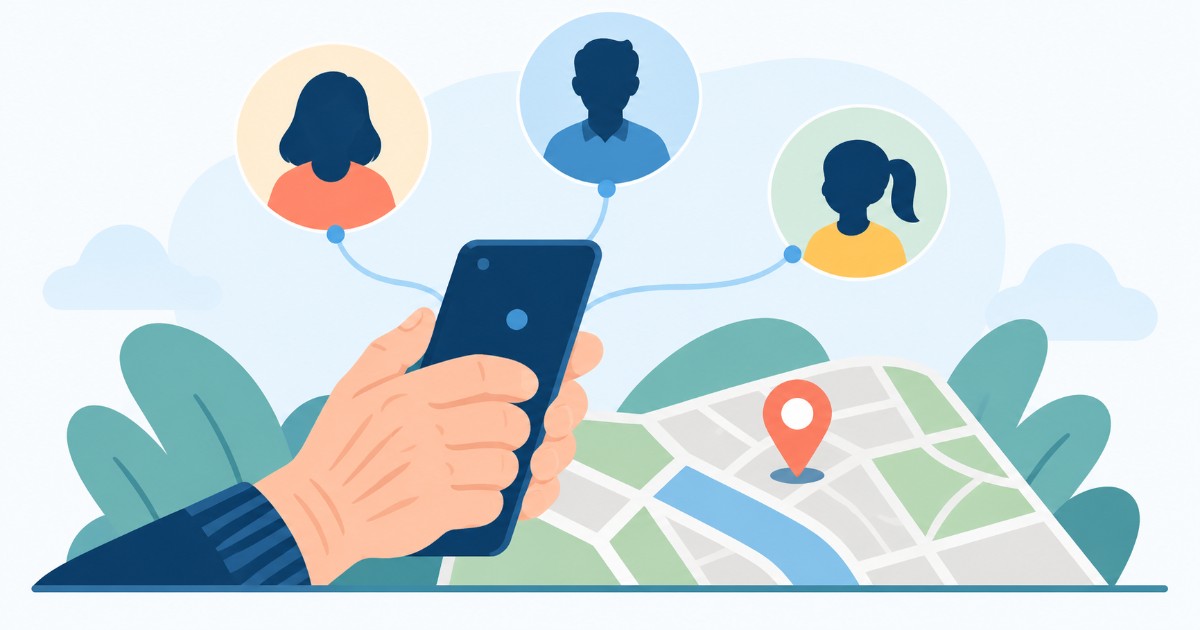 Ruka seniora se smartfonem spojená se třemi členy rodiny a mapou s polohou
